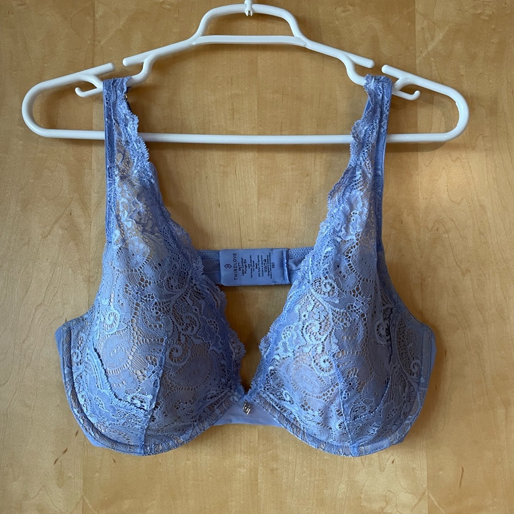 Third Love Lace Contour Plunge Bra, Blue-Ice